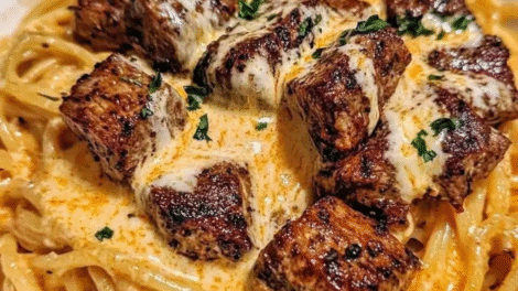 Cheesy Cajun Steak Linguine with Creamy Garlic Sauce