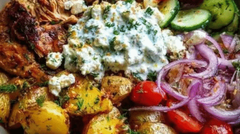 Mediterranean Chicken Bowl with Roasted Potatoes & Tzatziki
