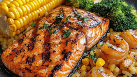 Grilled Salmon & Shrimp Platter with Corn, Broccoli & Garlic Rice
