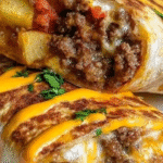 Cheesy Beef & Potato Burritos with Nacho Cheese Drizzle