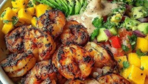 Shrimp and Avocado Bowls with Mango Salsa & Lime-Chili Sauce