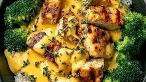 Ultimate Grilled Chicken & Rice Bowl with Broccoli & Creamy Cheese Sauce